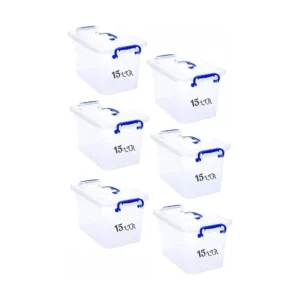 Besto 15 LTR Semi Clear Plastic Storage Box With Lid 6 Pcs Set