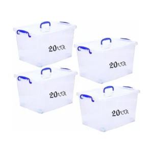 Besto 20 LTR Semi Clear Plastic Storage Box With Lid 4 Pcs Set With Wheel