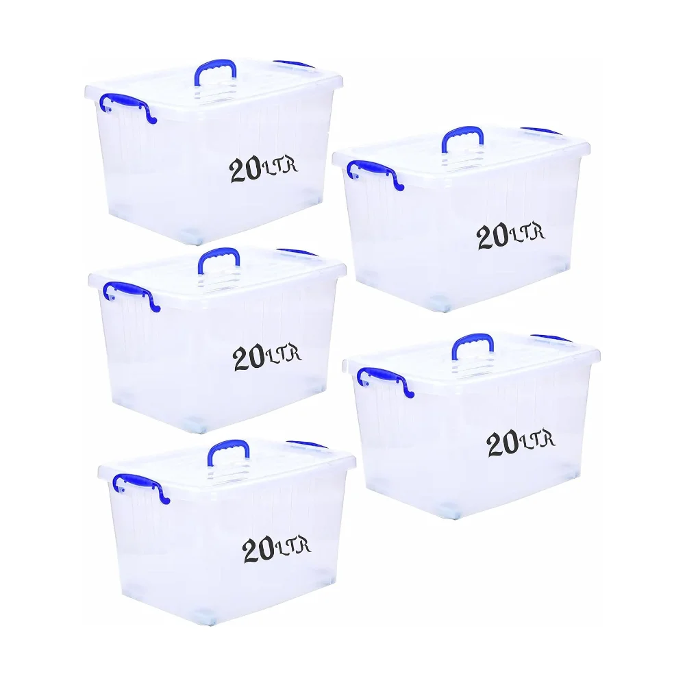 Besto 20 LTR Semi Clear Plastic Storage Box With Lid 5 Pcs Set