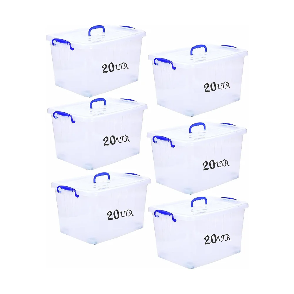 Besto 20 LTR Semi Clear Plastic Storage Box With Lid 6 Pcs Set