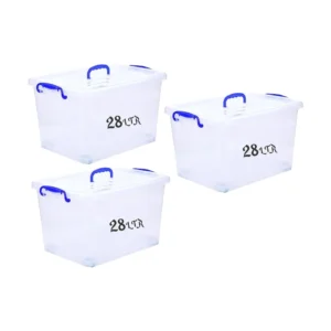 Besto 28 LTR Semi-Clear Plastic Storage Box With Lid 3 Pcs Set With Wheel