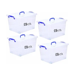 Besto 28 LTR Semi Clear Plastic Storage Box With Lid 4 Pcs Set With Wheels
